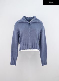 oversized-zip-up-knit-sweater-in330 / Blue Blue Cotton Top With Zipper Closure, Blue Cotton Tops With Zipper Closure, Blue Cotton Outerwear With Ribbed Collar, Cotton Cardigan With Zipper Closure For Fall, Blue Casual Top With Zipper Closure, Casual Blue Top With Zipper Closure, Casual Workwear Sweater With Zipper Closure, Casual Workwear Sweater With Zipper, Fitted Casual Cardigan With Zipper