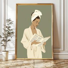 a woman reading a paper while wearing a white head wrap and holding a potted plant