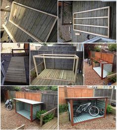 several pictures of different things made out of pallets and wooden boards, including a bike