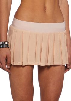 This mini skirt has a mesh construction with a pleated design and an elastic waistband. Spring Mesh Mini Skirt, Summer Nylon Skirt, Summer Stretch Mesh Skirt, Mesh Mini Skirt For Spring, Spring Stretch Nylon Mini Skirt, Stretch Nylon Mini Skirt For Spring, Spring Stretch Nylon Skort, Fitted Mesh Mini Skirt For Summer, Spring Short Nylon Skirt