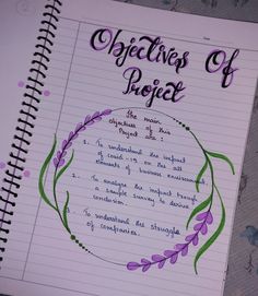 an open notebook with writing on it that says, objects of project the meaning of life