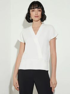 Short Sleeve V-Neck Crepe de Chine Blouse – Misook Elegant White V-neck Top For Work, Elegant V-neck Top For Business Casual, Elegant Formal V-neck Top, White V-neck Top For Spring Workwear, Modern V-neck Blouse For Work, Modern V-neck Workwear Blouse, Chic Workwear Top In Solid Color, Versatile V-neck Blouse For Work, Chic Solid Color Workwear Tops