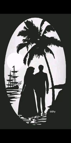 a man and woman standing next to each other under a palm tree on the beach