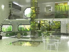 an artistic rendering of a living room with green plants