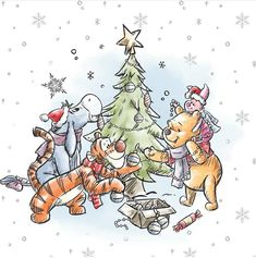 winnie the pooh and friends around a christmas tree