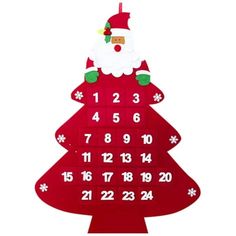 a christmas tree shaped calendar with santa claus on it's face and numbers in the bottom