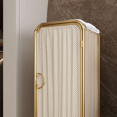 an old fashioned golden suitcase sitting on the floor next to a toilet paper dispenser