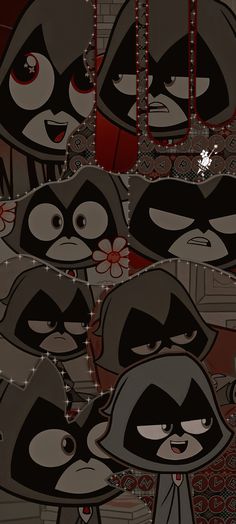 the animated characters are all dressed up in black and grey outfits, with red eyes