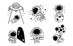 an astronaut in different positions to fly on the moon, and other space related objects