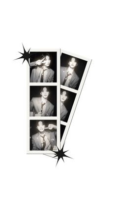 three photos of a man in a suit and tie with stars on the bottom half of them