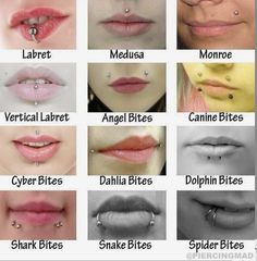 many different types of lips with piercings on each lip and the names of them