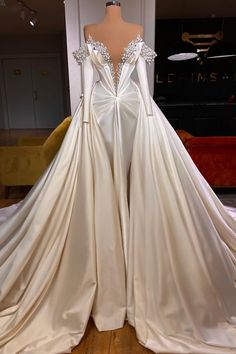 Classic V-Neck Long Sleeves Prom Dresses with Beads Long Sleeves Prom Dresses, Dresses With Beads, Extravagant Wedding Dresses, Extravagant Wedding, Fancy Wedding Dresses, White Wedding Dress, Long Sleeve Prom, Dream Wedding Ideas Dresses, Satin Prom Dress