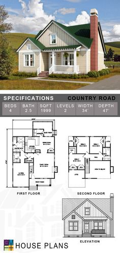 two story house plan with 3 bedroom and 2 bathrooms in the front, an open floor plan