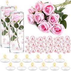 pink roses in vases with candles and pearls