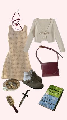 the contents of a woman's outfit including shoes and accessories