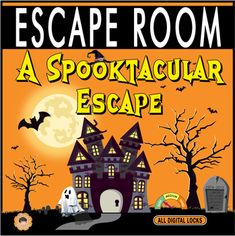 an escape room sign for a spooktacular escape with ghost houses and tombstones