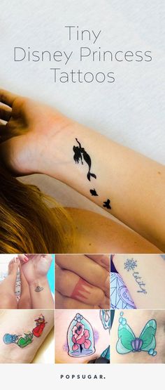 disney princess tattoos on the back of a woman's arm and wrist, with different designs