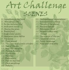 a green poster with the words art challenge scenes written in black and white on it