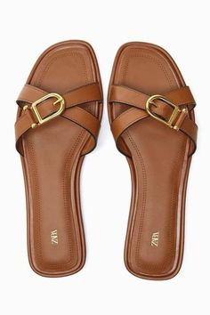 Brown Leather Sandals Women, Shuffle Cutouts, Slippers 2023, Sandals 2023, Brown Slippers, Zara Sandals, Zara Australia, Slider Sandals, Flat Slippers