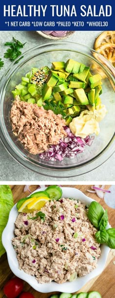 tuna salad with avocado, cucumber and red onion on the side