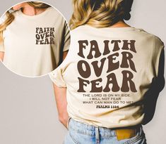 Faith Over Fear Christian Shirt, Christmas Gift Shirt, Bible Verse Shirt, Church Shirt,Baptism Tee,Jesus Shirt, Trendy Noel Shirt, Religious Shirt 🌟 Welcome to our exclusive collection of stylish and comfortable t-shirts, tailored for football enthusiasts and fashion aficionados alike! 🌟 🌟 DETAILS 🌟 We use DTF (Direct to Film) printing as our printing technique. We take pride in using premium shirts from Bella Canvas and Gildan SoftStyle for our prints. *Bella Canvas* - Unisex sizing - Light Bible Verse Tshirt Designs, Tshirt Design Ideas Bible Verse, Bible Shirts Aprojes, Faith Over Fear Shirt, Cotton T-shirt With Faith Text Print, Jesus Tees, Church Shirt, Faith Over Fear, Film Prints