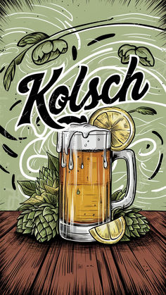 a beer mug with a slice of lemon sitting on top of it and the words kolsch above it