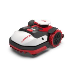 the robotic lawn mower is white and red with black trimmings on it