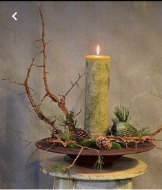 a candle is sitting on top of a table with pine cones and branches around it