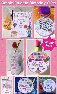 birthday gifts for kids with the words happy birthday on them and pictures in pink, blue,