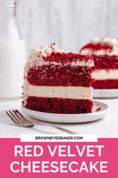 red velvet cheesecake on a plate with a fork