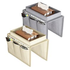 two storage bins with compartments on each side, one holding items and the other carrying papers