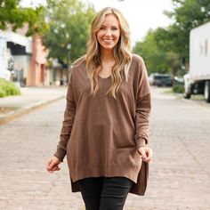 fb-feed Trendy Long Sleeve Taupe Top, Trendy Brown Knit Top For Layering, Everyday Soft Knit Brown Sweater, Chic Taupe Winter Tops, Everyday Brown Soft Knit Sweater, Chic Brown Spring Sweater, Soft Knit Tops For Fall Day Out, Taupe Tops For Fall Layering, Brown Relaxed Fit Sweater For Loungewear