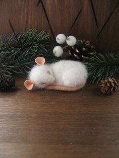 a small white mouse sitting on top of a wooden table next to pine cones and needles