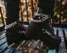 Black 7-Eye Chain & Strap Dino Lug Boot Creeper Boots, Goth Shoes, Lug Boots, Normal Is Boring, Punk Shoes, Black Vegan, Unique Shoes, Shoes Outlet, Black 7