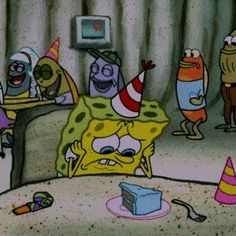 an image of a group of cartoon characters in the living room with birthday hats on