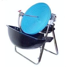 a large blue dish sitting on top of a metal stand with legs and feet attached to it