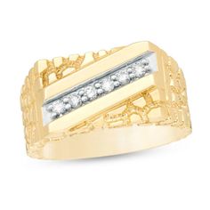 He’ll admire the eye-catching look of this dynamic diamond ring. Crafted in warm 10K gold, this rectangular-top style showcases a slanted row of glistening diamonds between polished borders. An all-over intricate nugget pattern lends depth and interest. Radiant with 1/5 ct. t.w. of diamonds and brilliant buffed luster, this ring impresses with unique design. Diamond Ring With Baguette Diamonds And Rectangular Stone, 14k Gold Rings With Diamond Accents, Square Cut, Square Cut Diamond Accent Rings In 14k Gold, Square Cut 14k Gold Rings With Diamond Accents, Diamond Cut Rectangular Stone Diamond Ring, Diamond Cut Rectangular Diamond Rings, Diamond Cut Rectangular Stone Ring, Rectangular 14k Gold Rings With Diamond Accents, 14k Gold Rectangular Rings With Diamond Accents