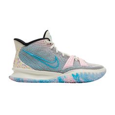 Find NIKE Kyrie 7 Ep 'pale Ivory on Editorialist. The Nike Kyrie 7 EP ‘Pale Ivory’ carries an off-white mesh upper that reveals swirling pastel colors on the textile inlay. A raised Swoosh in pink and black adorns the lateral side, while a printed blue Swoosh decorates the opposite side. A split design is similarly used on the rubber outsole and heel overlay, featuring equations and charts on one side, and colorful doodles on the other. On the performance front, the sneaker rides on a lightweight Phylon midsole with an Air Zoom Turbo unit in the forefoot. This EP edition features a rugged rubber outsole designed for outdoor courts. Colorful Doodles, Kyrie 7, Split Design, Nike Kyrie, Volleyball Shoes, White Mesh, Air Zoom, Equations, Pink And Black