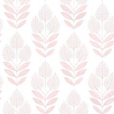 a pink and white wallpaper with leaves on the back ground, in shades of light pink