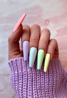 Pastel Multi Coloured,matte long nails Ballerina Nails Spring, Spring Nails Long, Nail Guide, Spring Nails Ideas, Polka Dot Nail Designs, Cotton Candy Nails, Dot Nail Designs, Long Nail Art