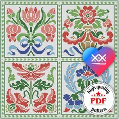 the cross stitch pattern is shown in four different colors and designs, including red, green,