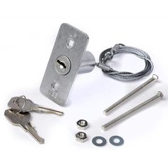 an assortment of keys and locks on a white background