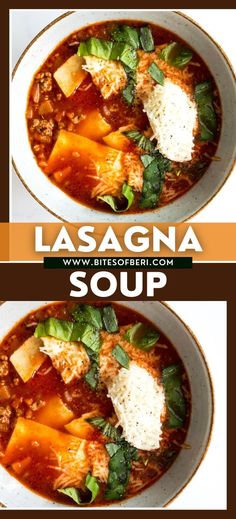 two bowls of lasagna soup with spinach, cheese and parmesan