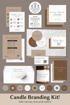 an assortment of wedding stationery items with the words candle branding kit on top and below