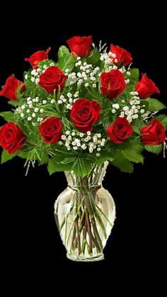 a vase filled with red roses and baby's breath