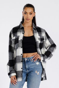 Womens Boyfriend Flannel ShacketButton ClosureChest PocketsBrushed Soft Fabric75 Polyester 25 CottonModel is 5'7 wearing a size SmallOversized Boyfriend FitMade In: Imported Black And White Flannel Outfit, Flannel Outfits For Women, Black Flannel Outfit, Flannels For Women, Oversized Shirt For Women, Flannel Ideas, Clothes Vision Board, Flannel Shirt Outfit, Queer Style