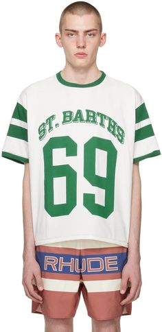 Off-White & Green 69 Ringer T-Shirt by Rhude on Sale Mens Stripes, Knit Crewneck, Cute Simple Outfits, Jersey T Shirt, White Green, Simple Outfits, Apparel Accessories, Rib Knit, Shirts Tops