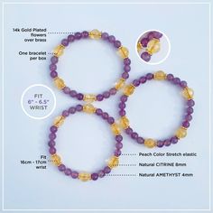 This is such a beautiful stretch braclet combination of lemon Citrine and Amethyst. Handmade bracelet is crafted with round polished 8mm beads. Each quartz is attached on a strong elastic string. Comfort fits anyone who has 6.5 to 7 inches (17cm) wide wrist. The genuine purple and yellow gemstone bracelet is a beautiful gift idea for anyone who loves handmade chakra energy healing jewelry. They come in a small cardboard box for jewelry. MATERIAL: Citrine, Amethyst, Gold Plated Brass, Pink Elasti Yellow Crystal Bracelet With Round Beads For Healing, Yellow Crystal Healing Bracelet With Round Beads, Yellow Stretch Bracelet With 8mm Beads, Amber Stretch Bracelet With 8mm Beads As Gift, Amber Stretch Bracelet With 8mm Beads For Gift, Yellow Round Bead Bracelets For Meditation, Yellow Round Bead Meditation Bracelets, Yellow Spiritual Stretch Bracelet With Round Beads, Yellow Spiritual Crystal Bracelet With 8mm Beads