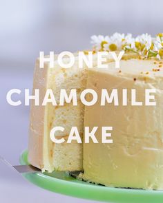 a piece of cake with the words honey chamomile cake on it's side