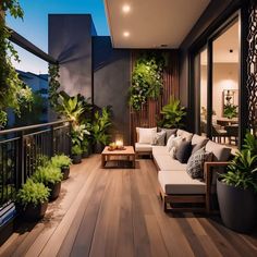 an outdoor living area with couches, tables and potted plants on the balcony